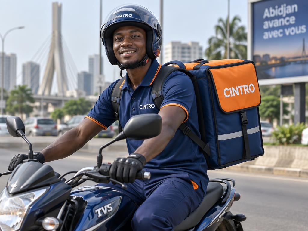 Livreur CINTRO à moto avec un sac de linge propre